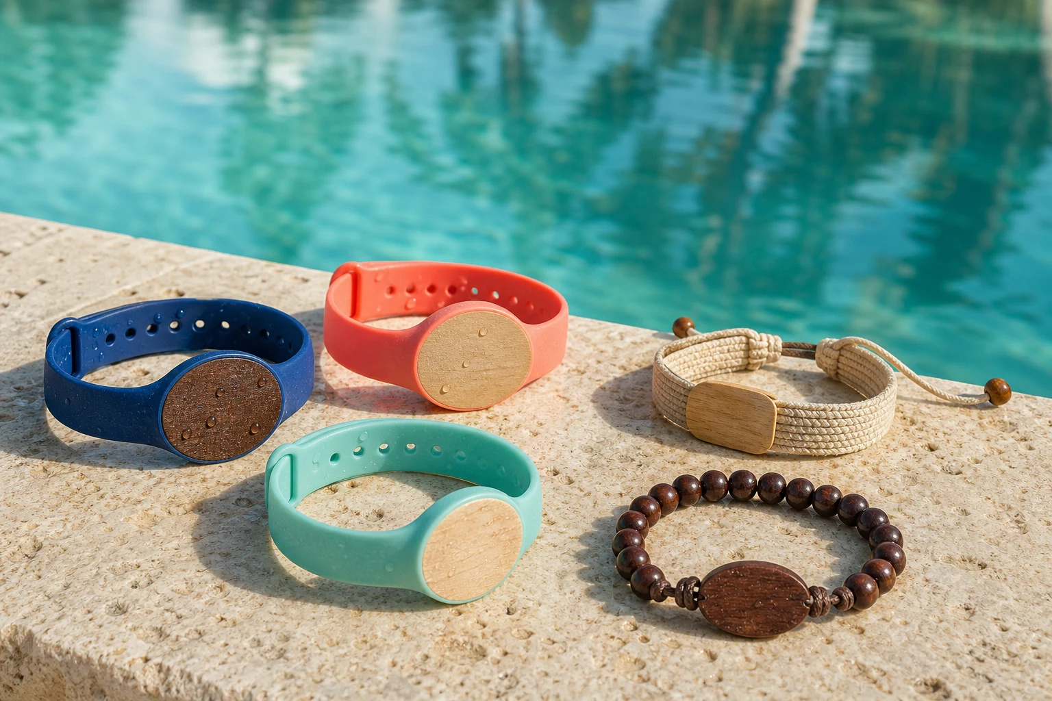 Silicone, woven and wood-bead RFID wristbands by a turquoise resort pool